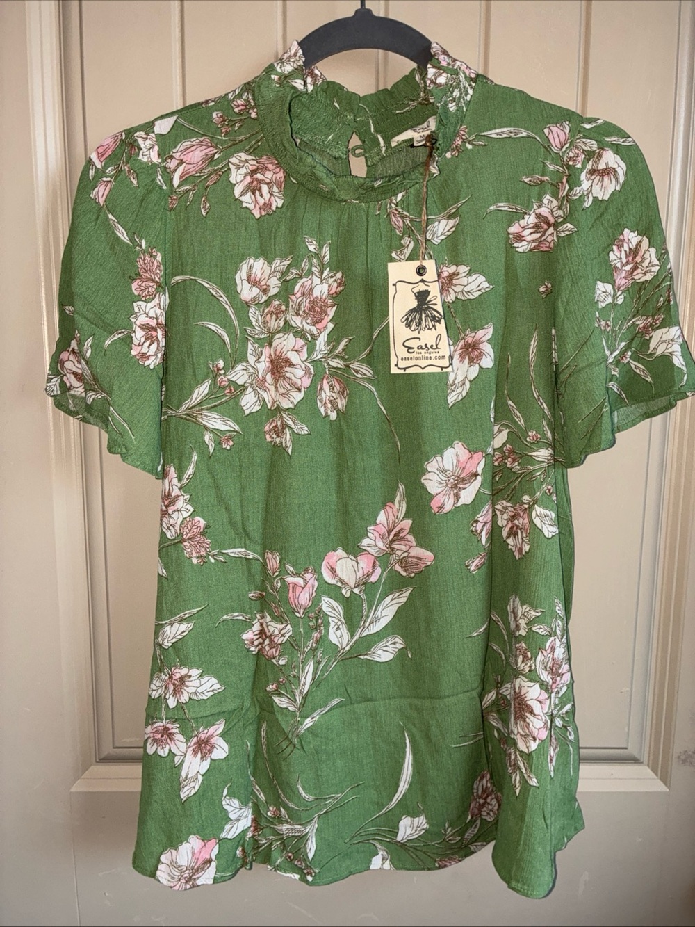 easel Olive Green Floral Ruffle Neck Blouse